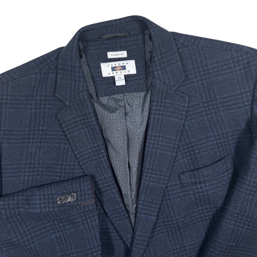 Joseph Abboud Blazer Jacket Men's 3X Navy Plaid Wool Elbow Patch Classic Fit‎